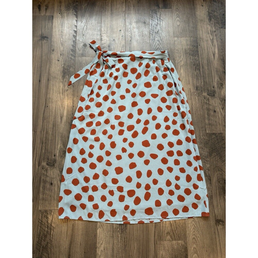 NWT Roolee Seafoam Green Blue Midi Skirt With Rust Colored Spots Side Tie Waist